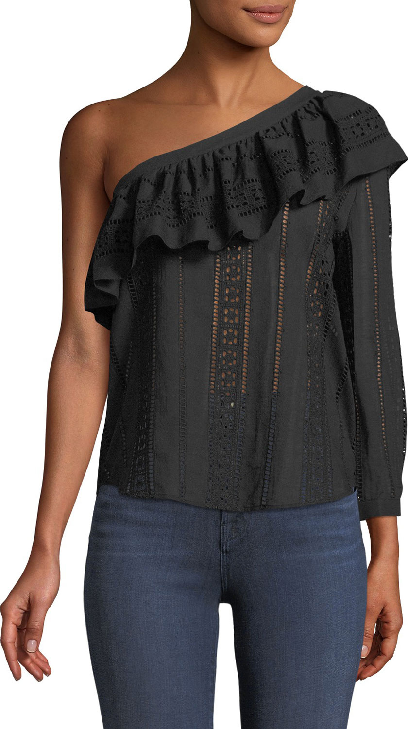 Veronica Beard Cruz Eyelet One-Shoulder Ruffle Top