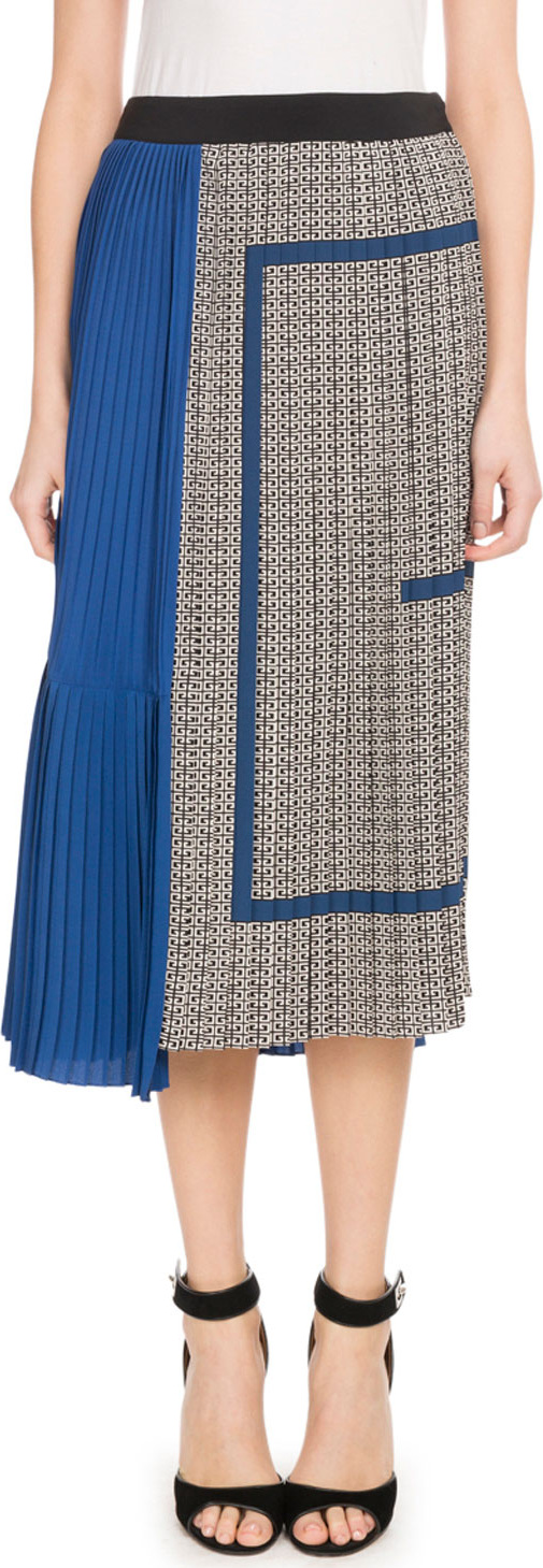 Givenchy Mid-Calf Silk Crepe de Chine Logo-Print Plisse Skirt