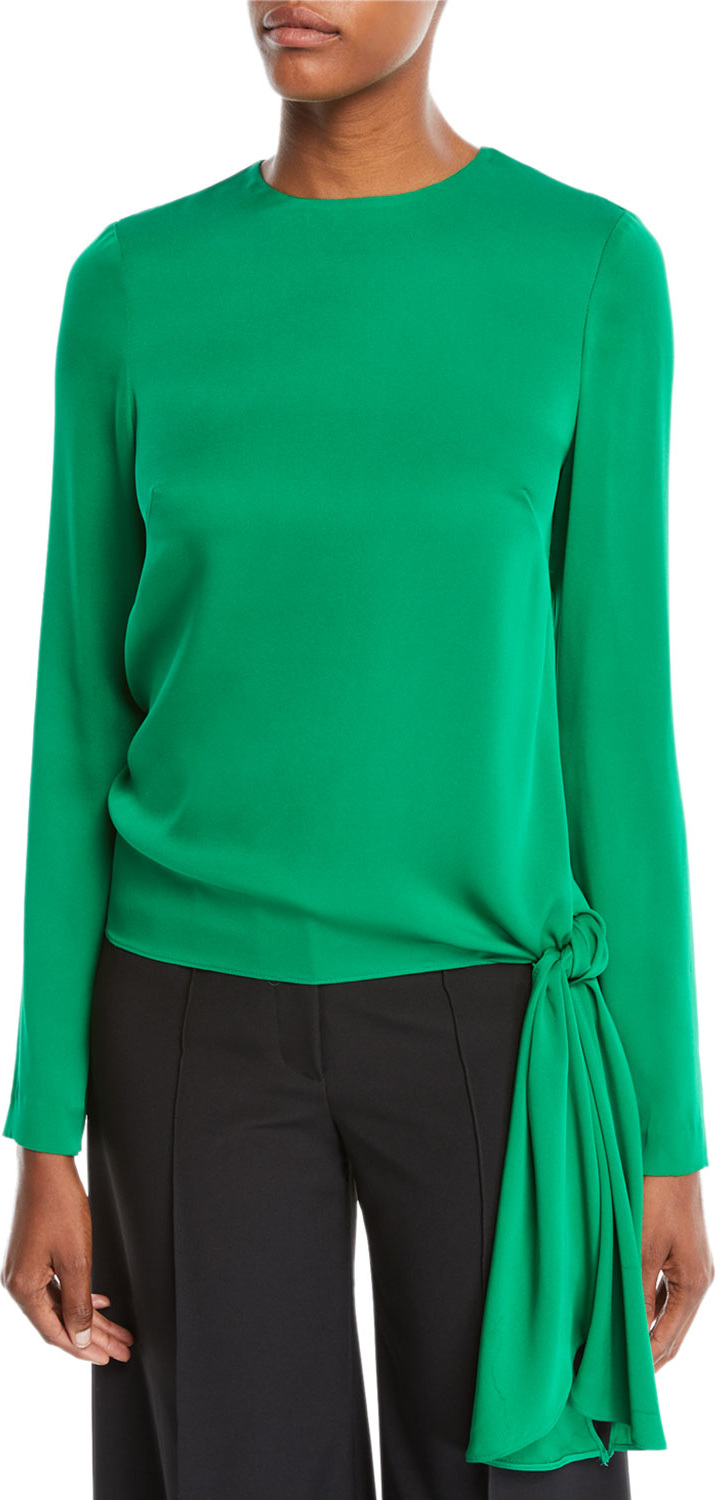 MILLY Tie-Hem Long-Sleeve Stretch-Silk Blouse