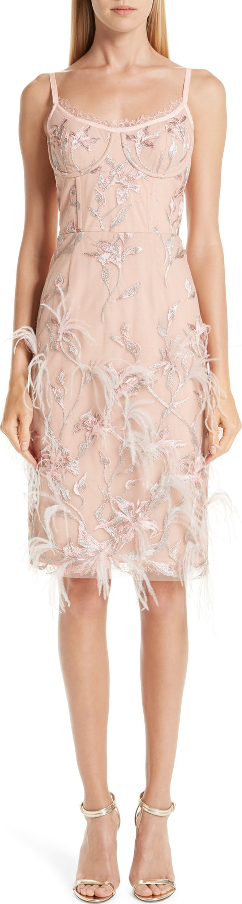 Marchesa Notte Ostrich Feather Trim Embroidered Corset Dress
