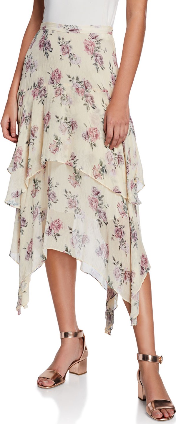LOVESHACKFANCY Alex Tiered Silk Floral-Print Midi Skirt