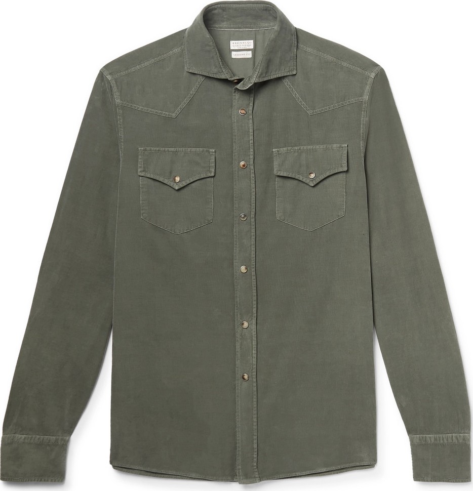 Brunello Cucinelli Cutaway-Collar Cotton-Corduroy Western Shirt