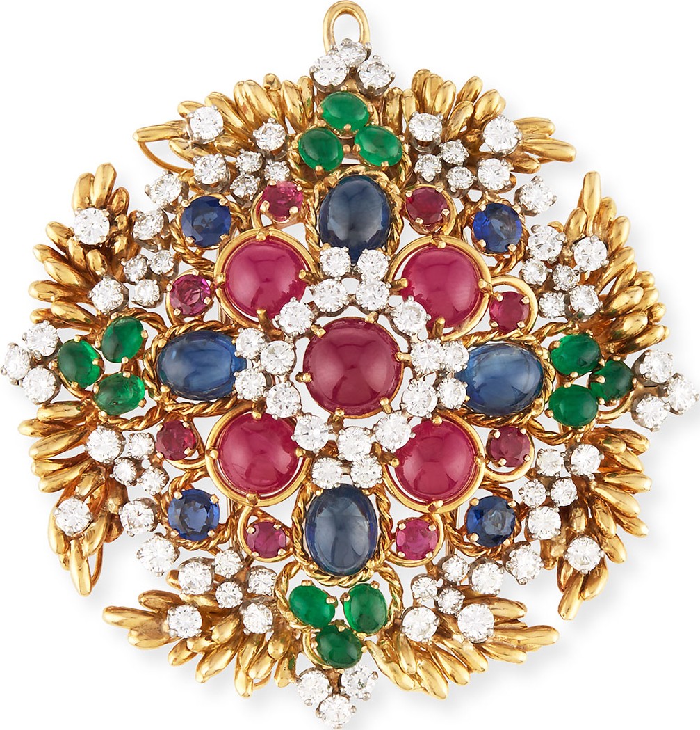 Hays Worthington 18K Gold Ruby & Sapphire Cabochon Pendant/Pin with Diamonds