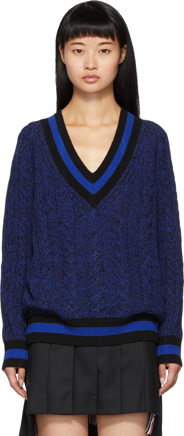 Rag & Bone Blue & Black Theon V-Neck Sweater