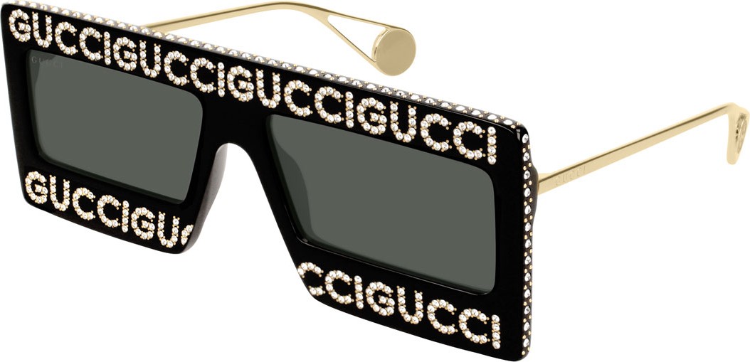 Gucci Monochromatic Shield Sunglasses w/ Swarovski Crystal Logo Front