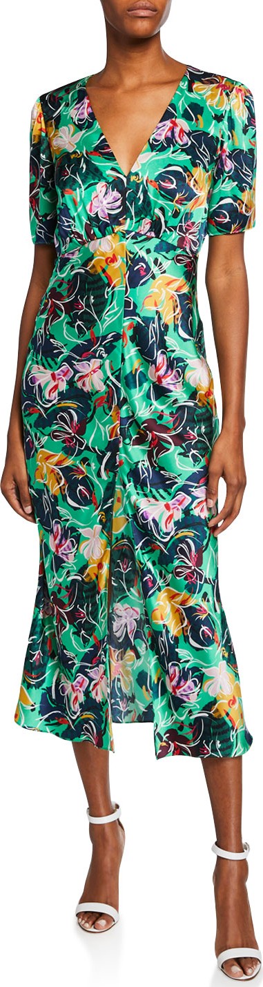 Saloni Eden Front-Slit Silk Floral Midi Dress