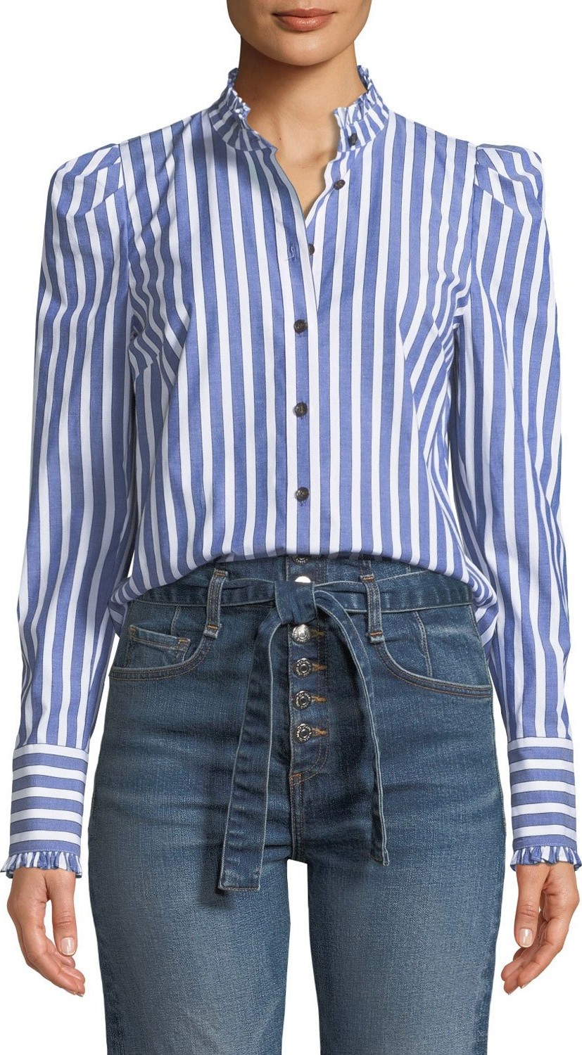 Veronica Beard Holli Striped Strong-Shoulder Button-Front Shirt