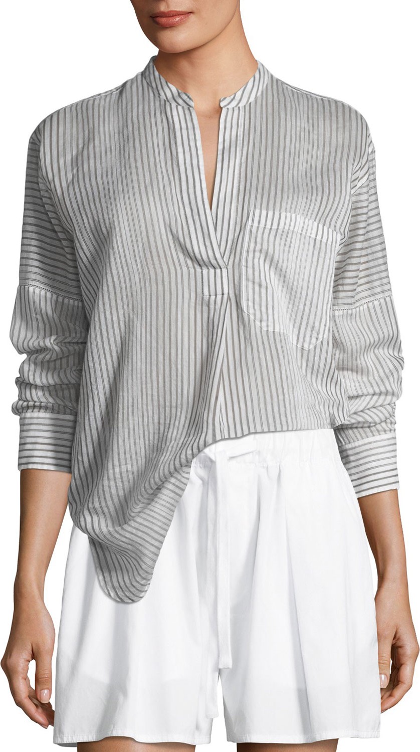 Vince Pencil Stripe Long-Sleeve Pullover Tunic