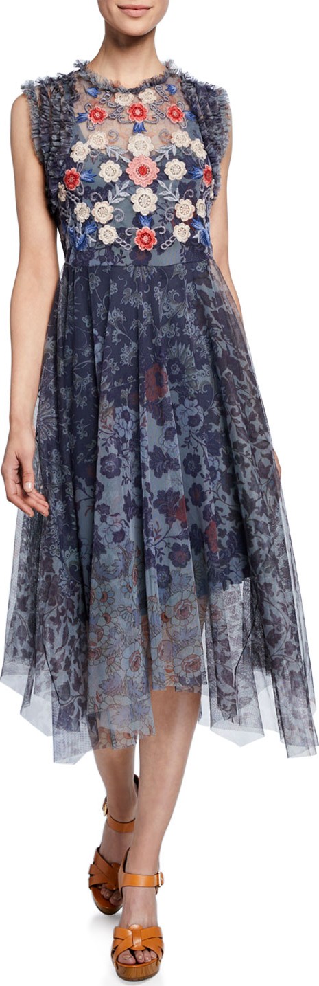 Johnny Was Whisner Mesh Dress w/ Floral Embroidery