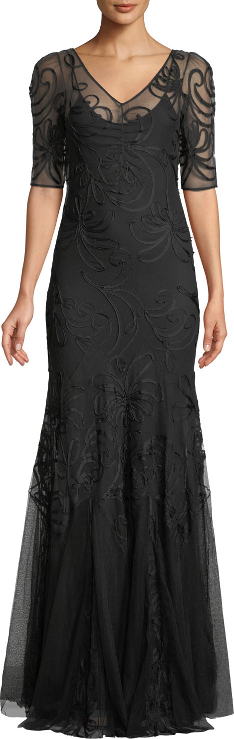 Ralph Lauren V-Neck Short-Sleeve Trumpet Embroidered Evening Gown