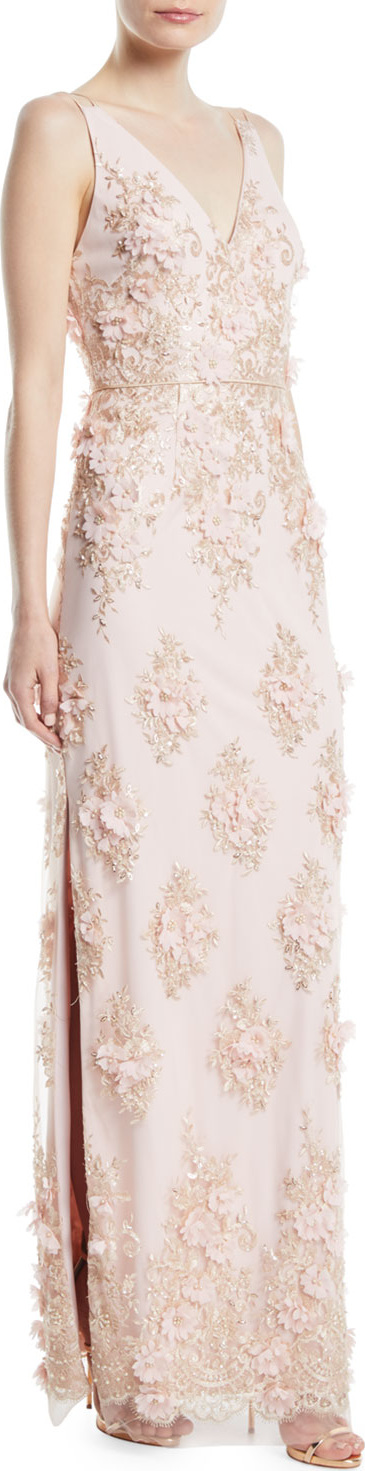 Aidan Mattox 3D Embroidered V-Neck Slip Gown