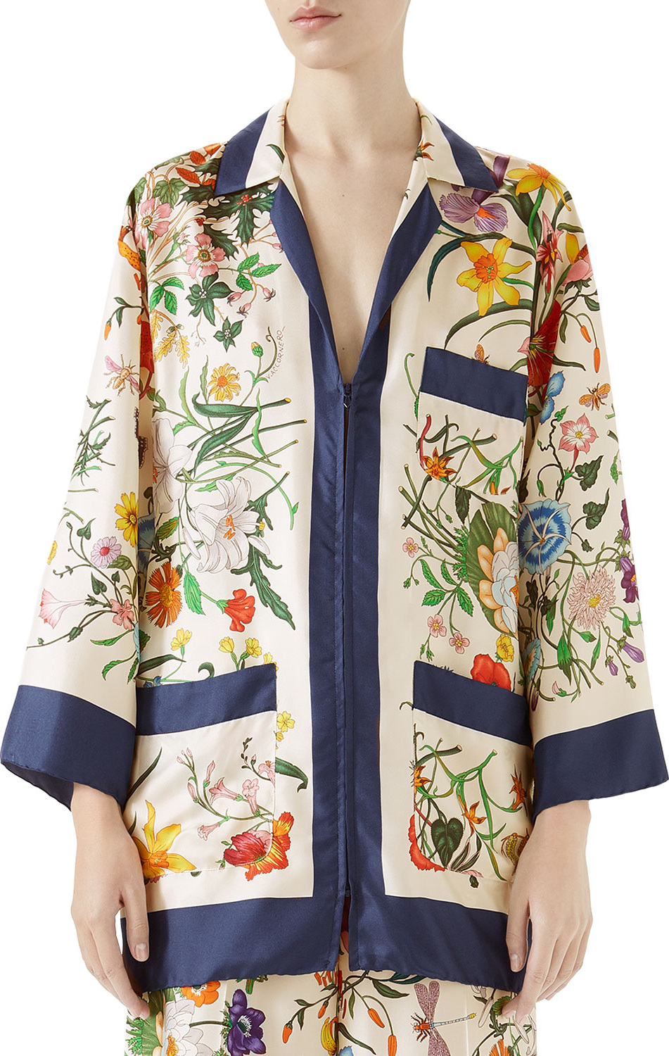 Gucci Floral-Print Zip-Front Silk Twill Pajama Top