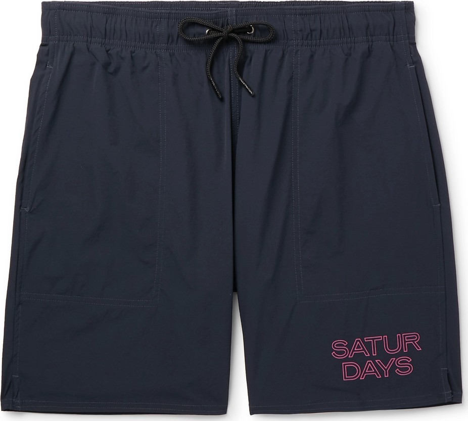 SATURDAYS NYC Wide-Leg Long-Length Logo-Print Swim Shorts SATURDAYS NYC Wide-Leg Long-Length Logo-Print Swim Shorts