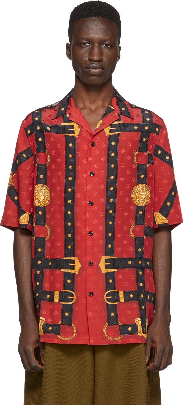 Versace Red Bondage Print Short Sleeve Shirt