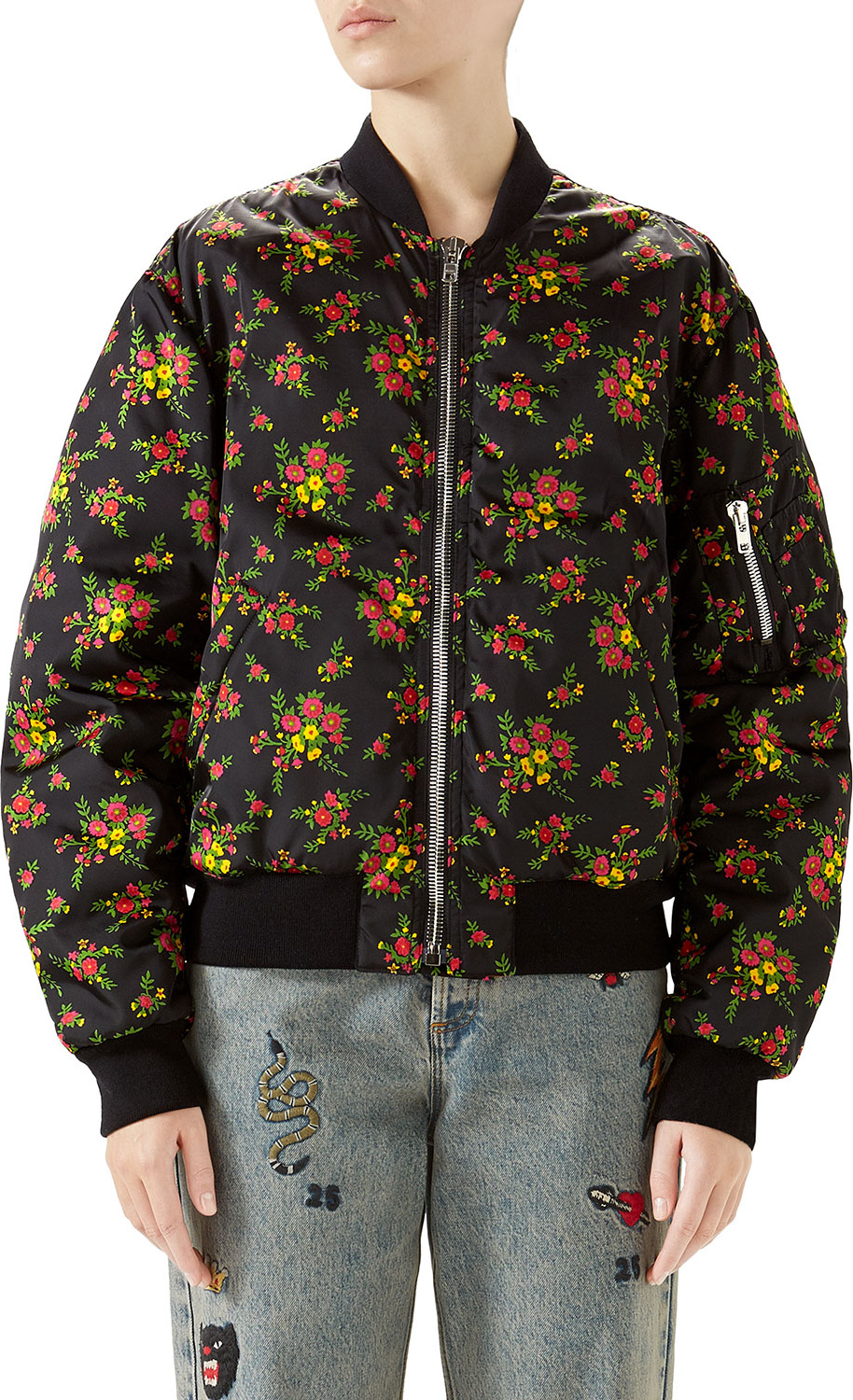 Gucci Bouquet-Print Zip-Front Woven Bomber Jacket