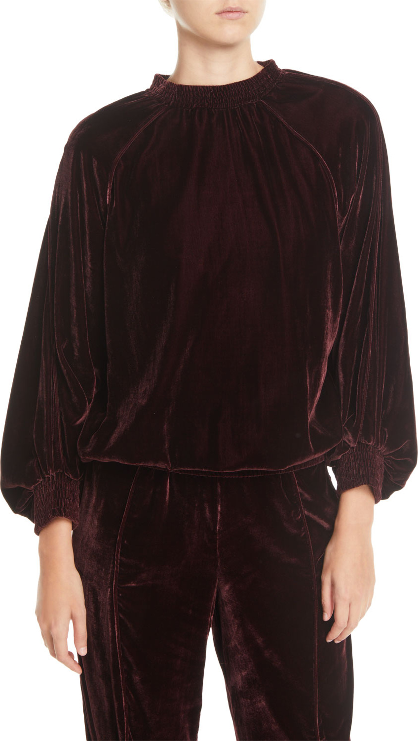 7 For All Mankind Velvet Smocked Blouson-Sleeve Pullover Sweater