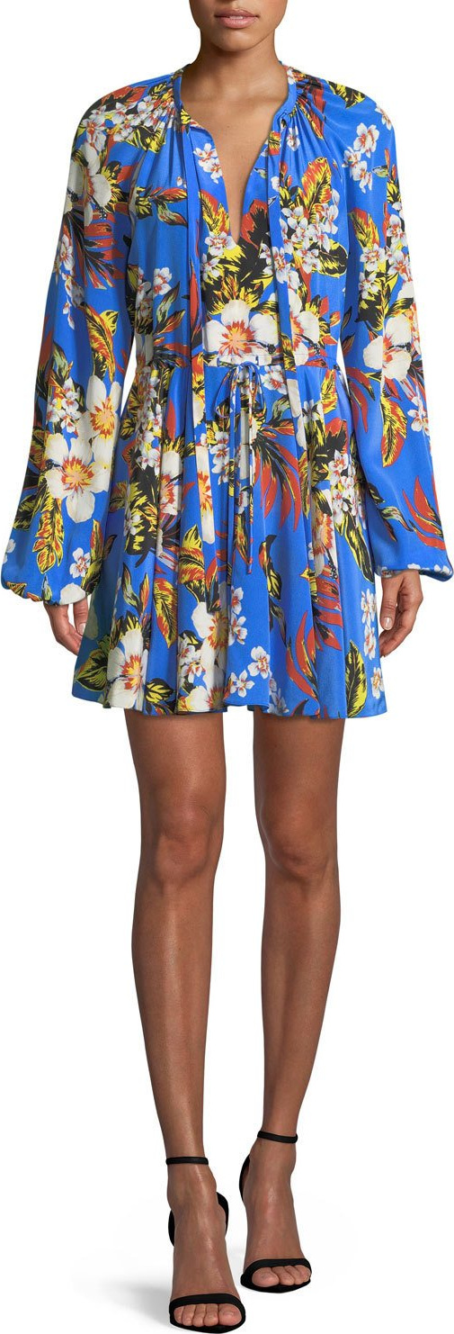 DIANE von FURSTENBERG Floral Silk Cinch-Sleeve Mini Dress