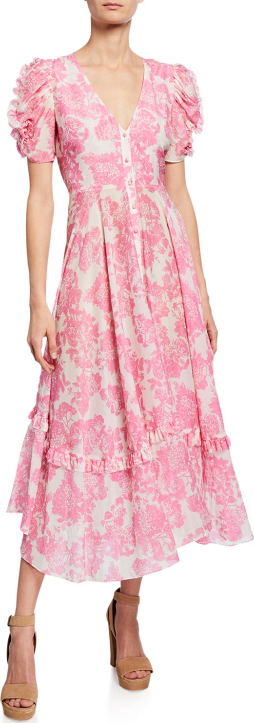 LOVESHACKFANCY Andie Puff-Sleeve Floral Tiered Dress