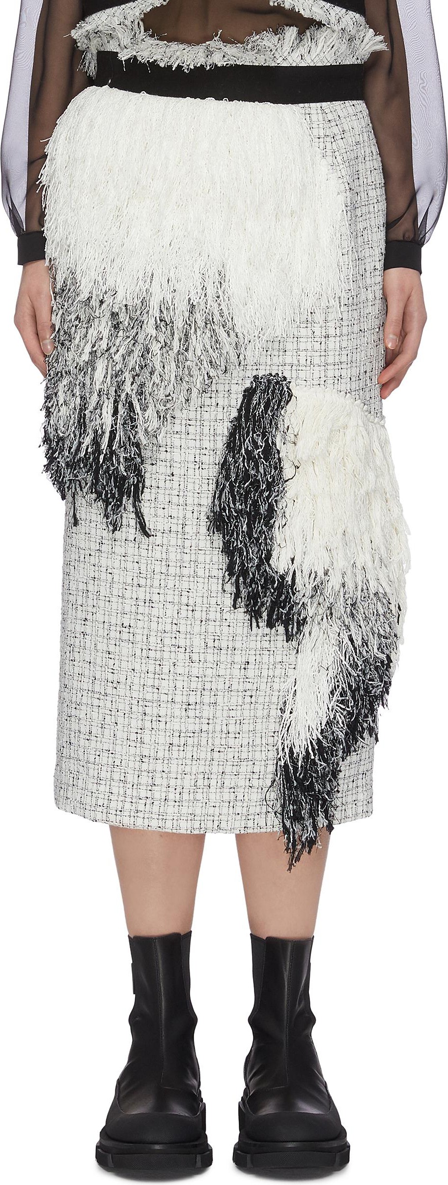 Sacai Asymmetric fringe patch tweed pencil skirt