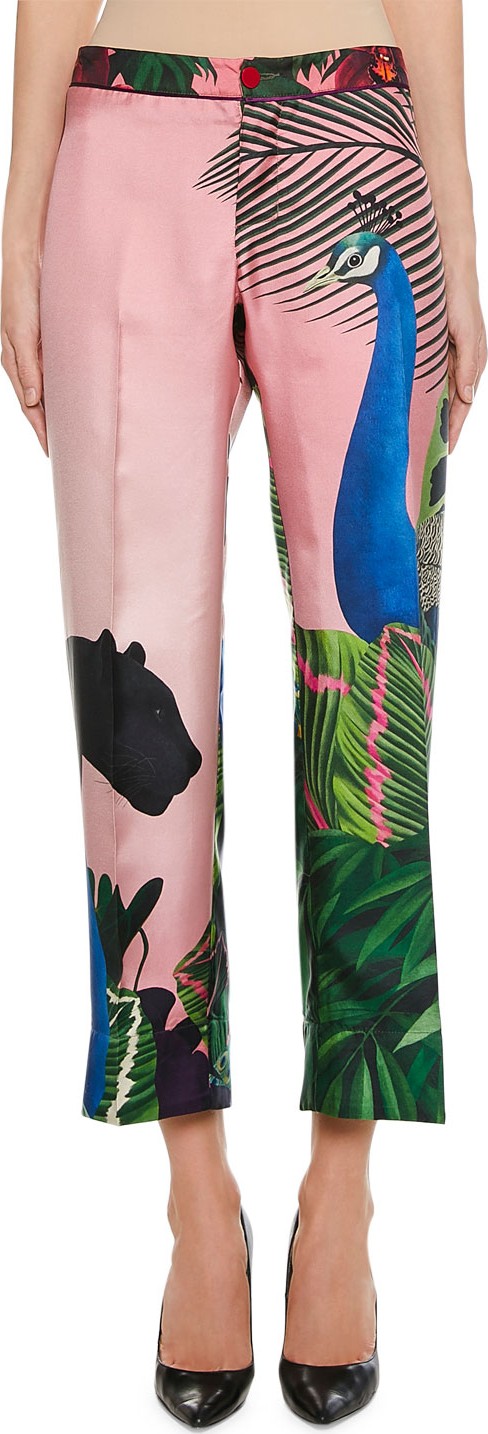 F.R.S For Restless Sleepers Peacock Print Silk Ankle Trousers