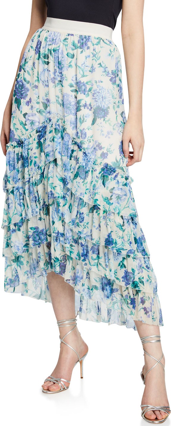 Zimmermann Moncur Chevron Frill Floral-Print Long Skirt