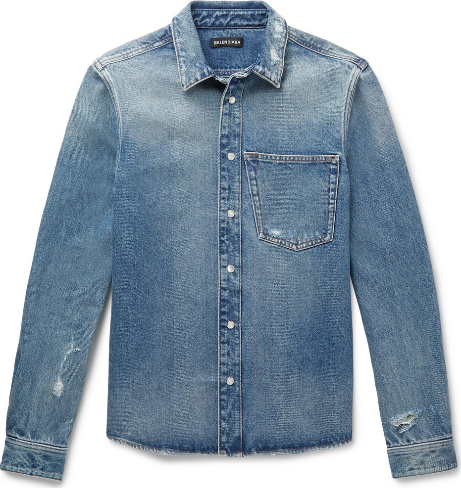 Balenciaga Slim-Fit Embroidered Distressed Denim Shirt