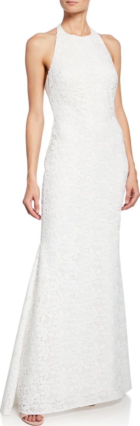 Badgley Mischka Halter Low-Back Lace Gown
