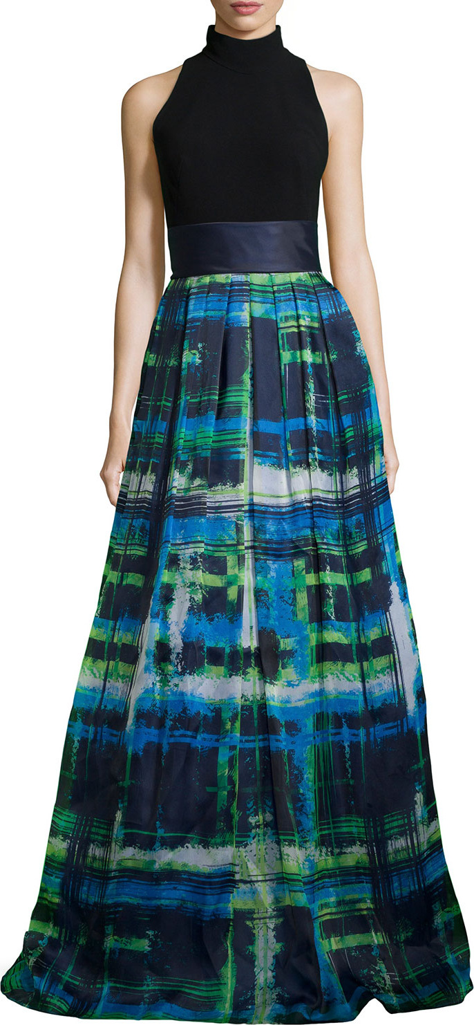 Theia Halter T-Back Jersey Bodice Plaid Skirt Gown
