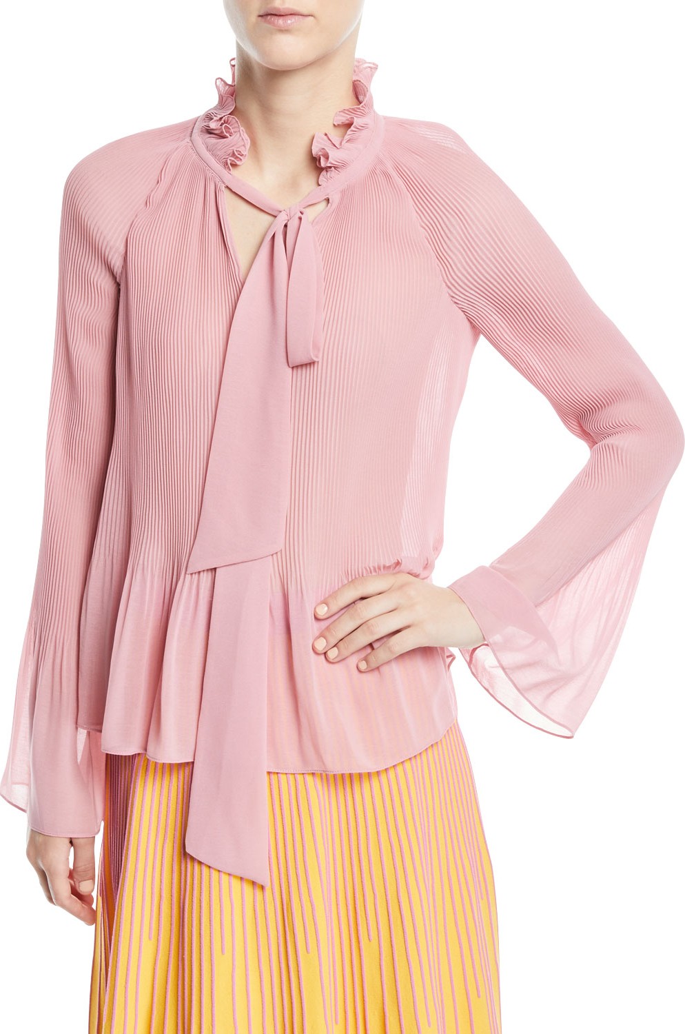 Derek Lam 10 Crosby Long-Sleeve Pleated Blouse With Ties