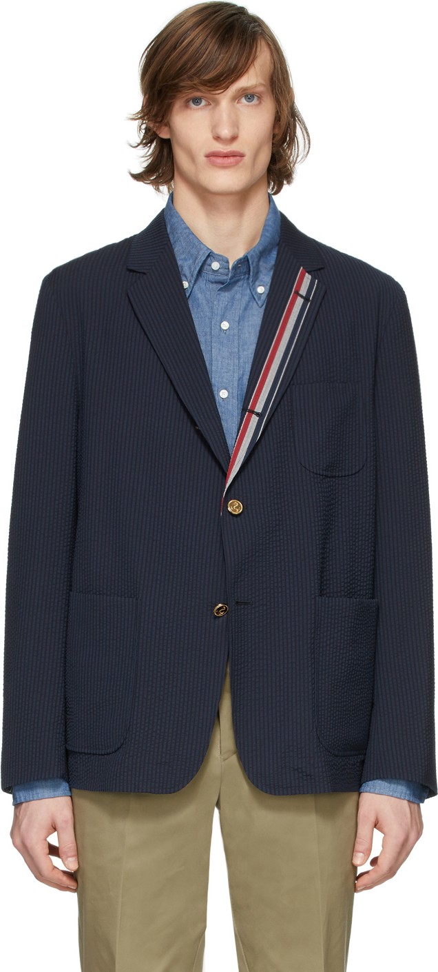Thom Browne Navy Wool Seersucker Sport Blazer