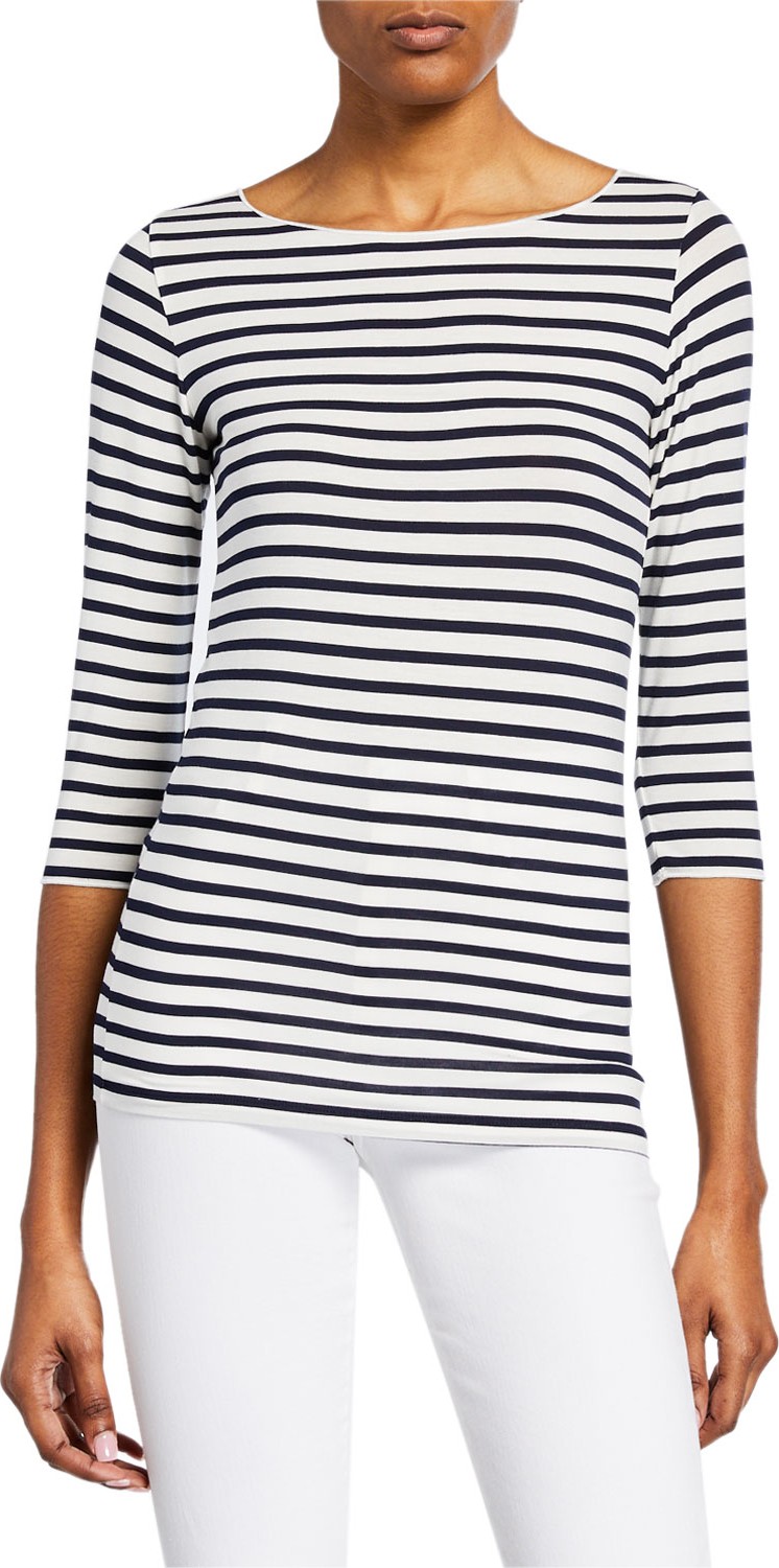 Majestic Marrow Striped Boat-Neck 3/4-Sleeve Soft Touch Top