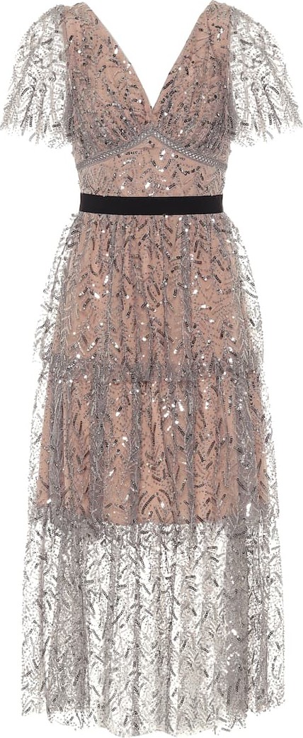 Self Portrait Sequined mesh midi dress