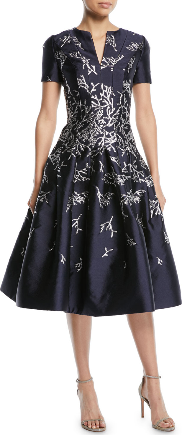 Oscar De La Renta Short-Sleeve Coral-Jacquard Full-Skirt Cocktail Dress with Pockets