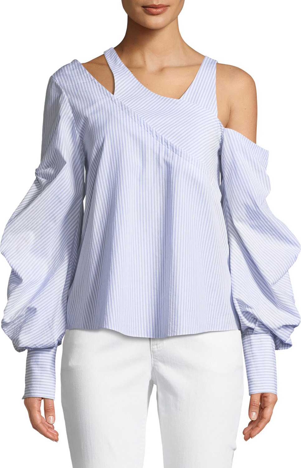 Jonathan Simkhai Asymmetric Poplin Blouson-Sleeve Top