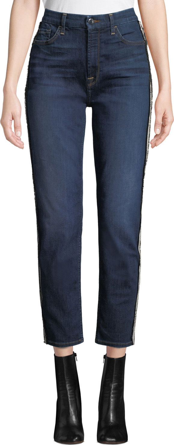 Jen7 Crystal-Stripe Crop Straight-Leg Jeans