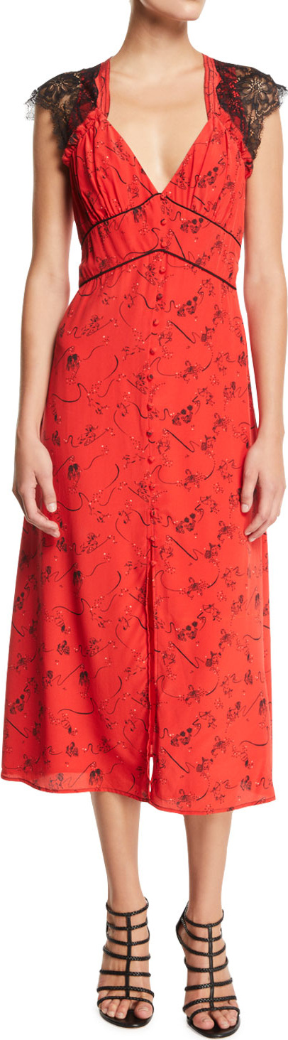 Tanya Taylor Kara Printed Button-Front Dress with Lace Trim Tanya Taylor Kara Printed Button-Front Dress with Lace Trim