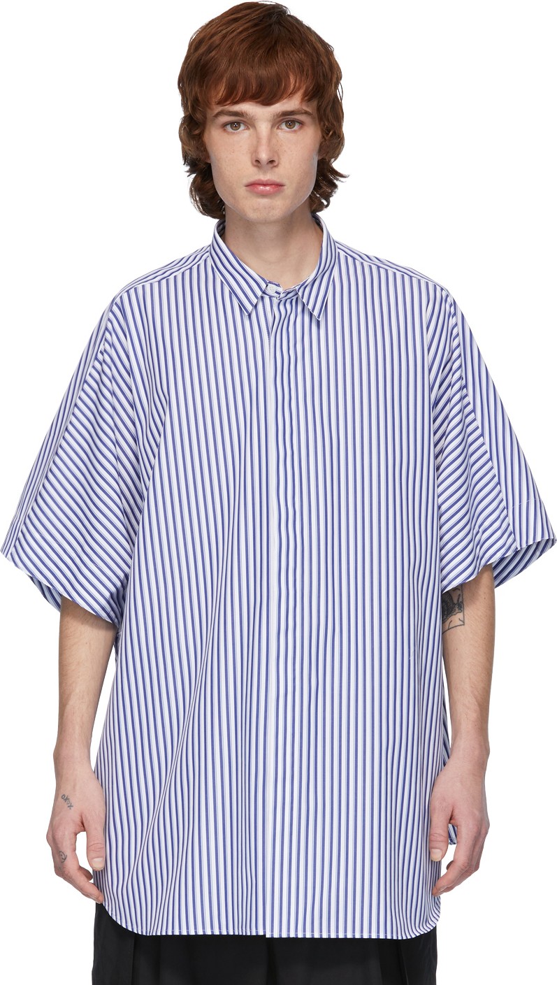Juun.J White & Blue Striped Short Sleeve Shirt