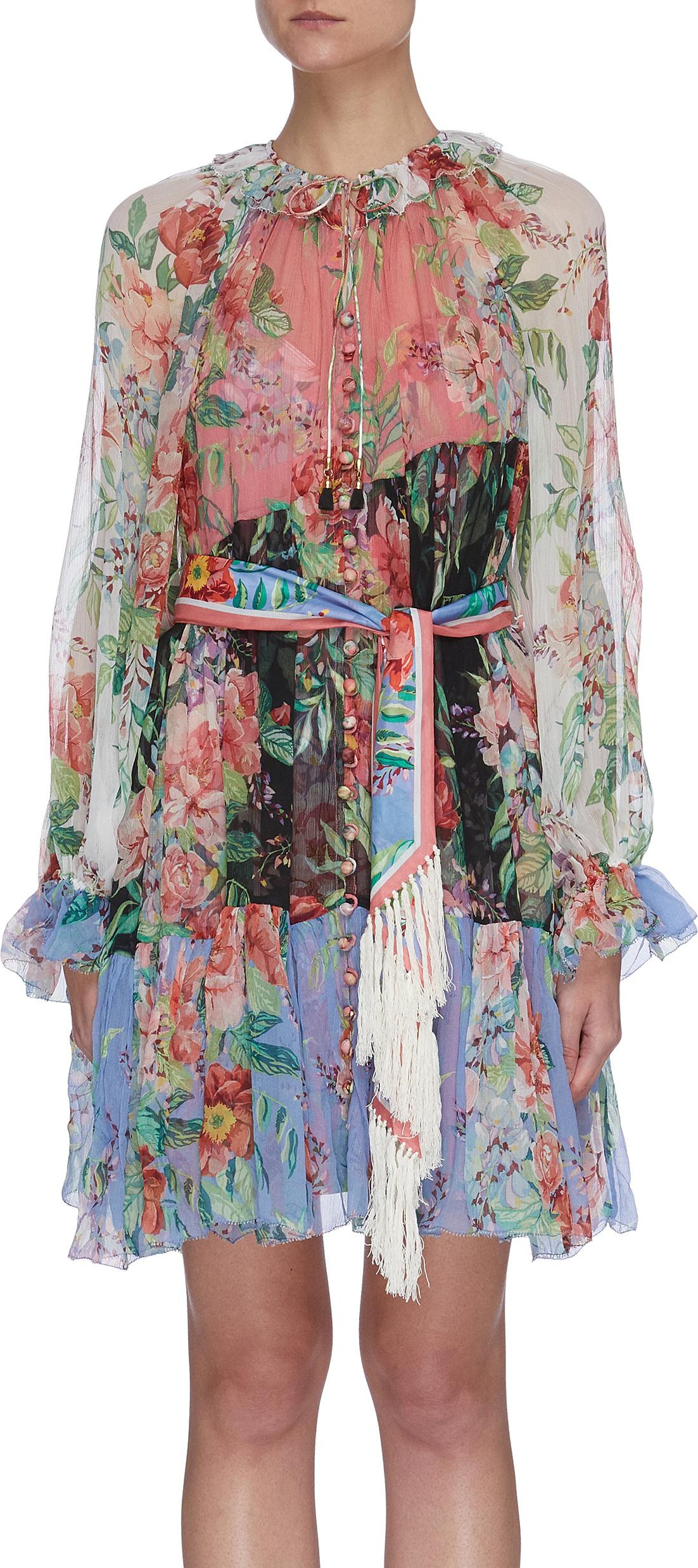 Zimmermann 'Bellitude' colourblock floral print tassel waist silk mini dress