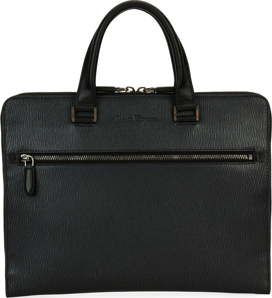 Salvatore Ferragamo Men's Revival Slim Leather Briefcase, Gray