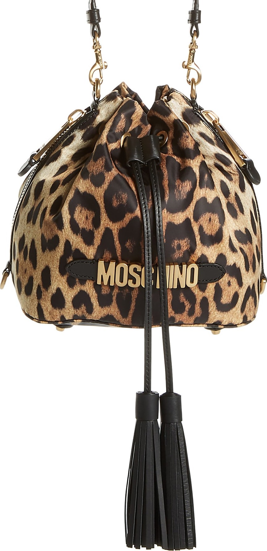 Moschino Leopard Print Nylon Convertible Bucket Bag