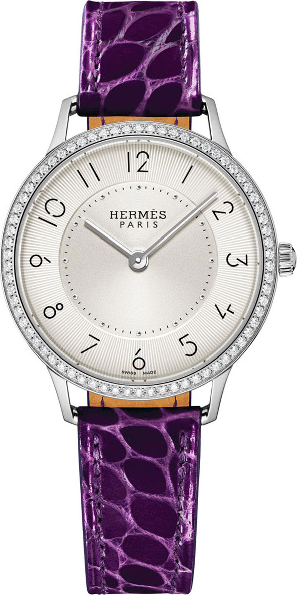 HERMÈS Slim d'Hermès Watch with Diamonds & Currant Alligator Strap