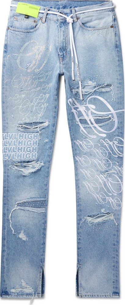 Off White + EV BRAVADO Slim-Fit Crystal-Embellished Embroidered Distressed Denim Jeans