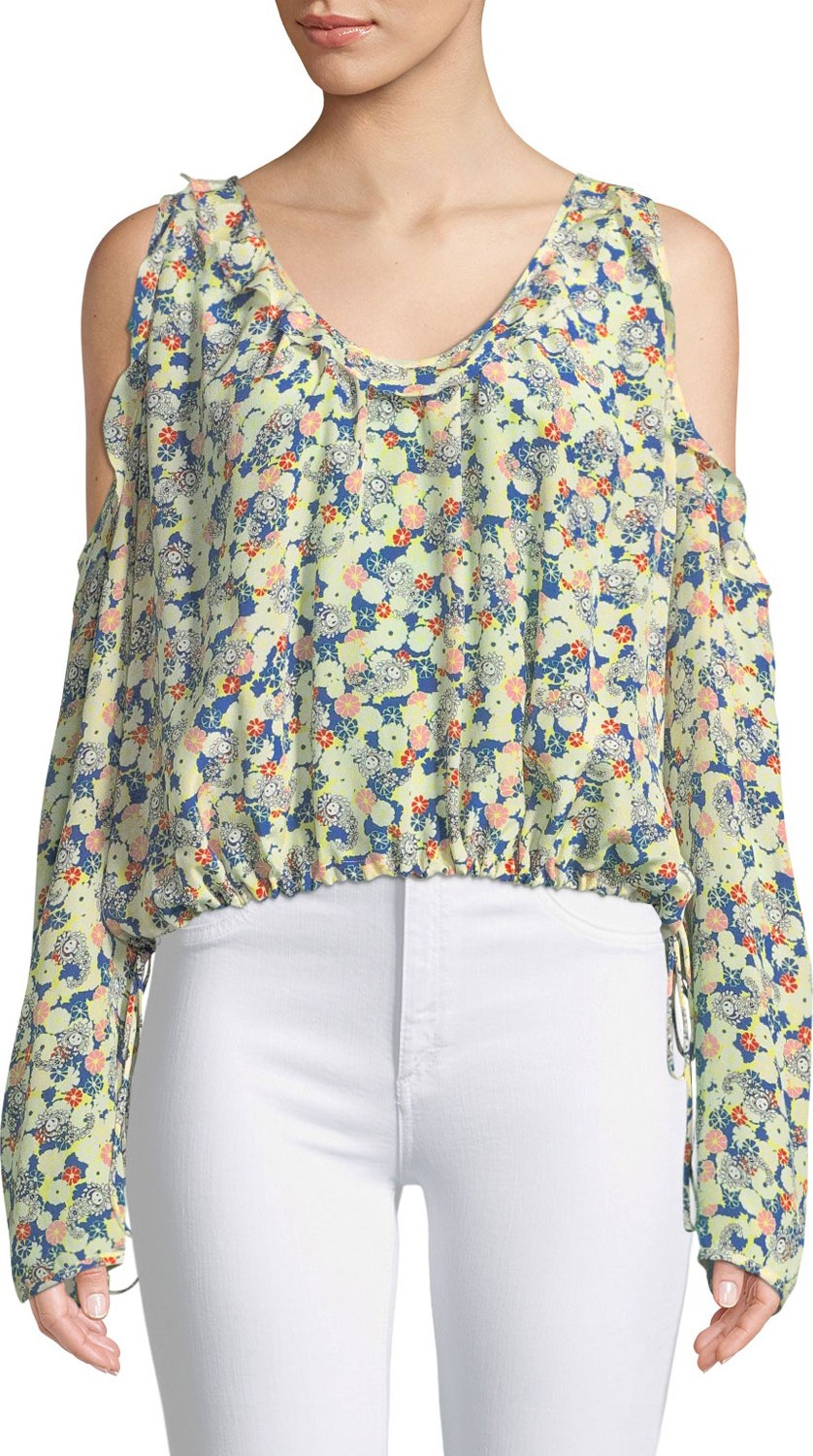 Zadig & Voltaire Tea Flower Cold-Shoulder Long-Sleeve Silk Top