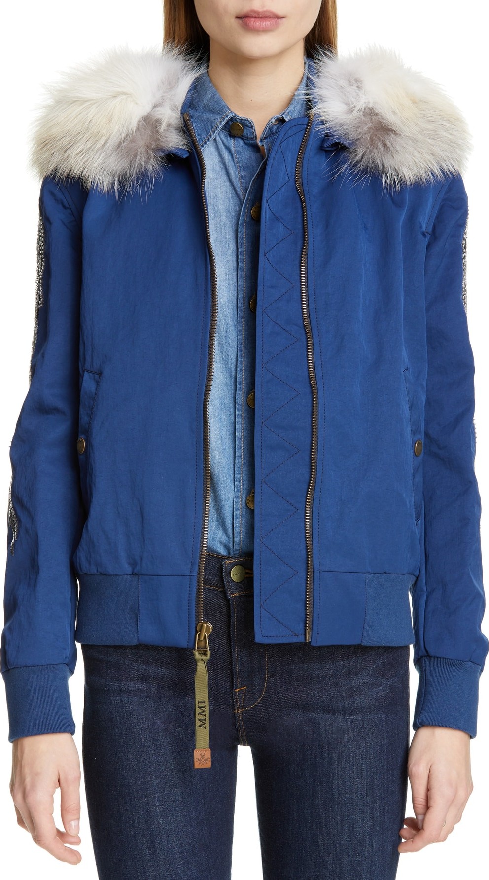 Mr&Mrs Italy Embroidered Bomber Jacket with Removable Genuine Fox Fur Trim