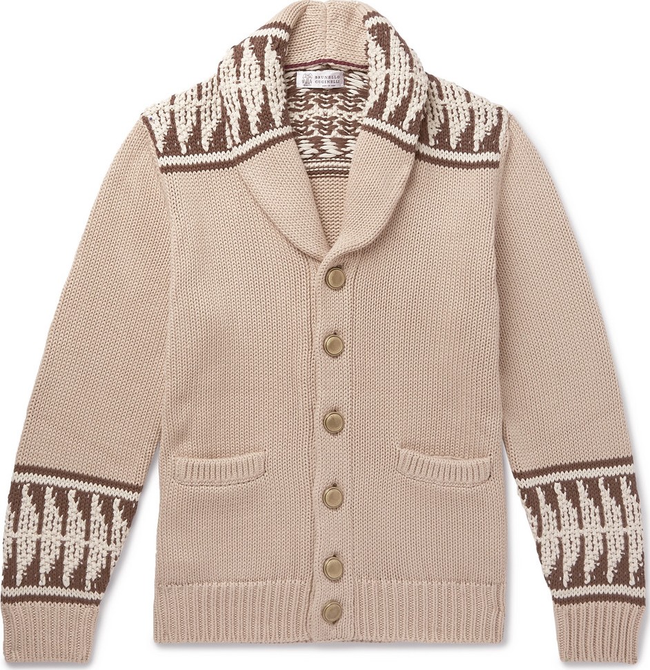 Brunello Cucinelli Shawl-Collar Intarsia Cotton Cardigan