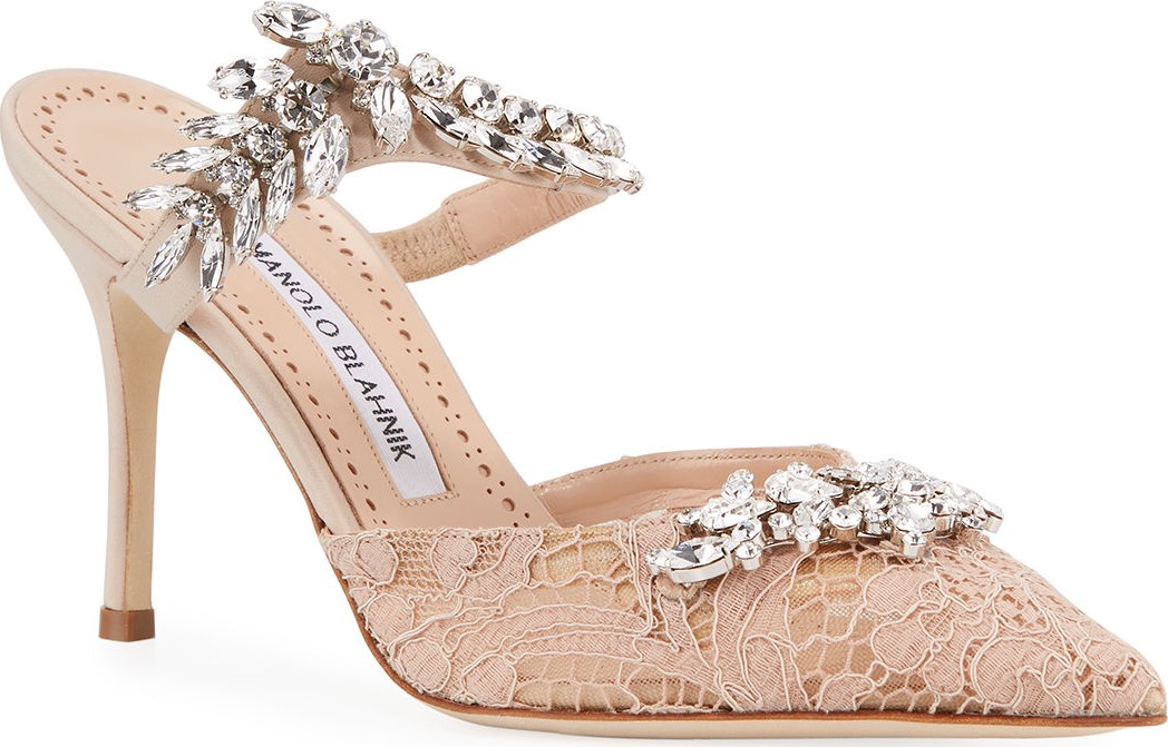 Manolo Blahnik Lurum Lacy Jeweled Silk Pumps