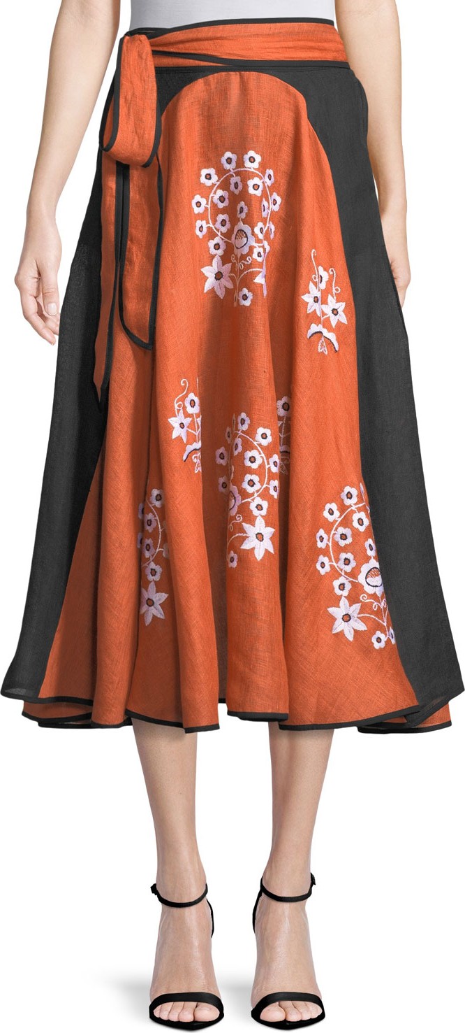 Vita Kin Spanish-Pigeon Belted Full A-Line Linen Midi Skirt