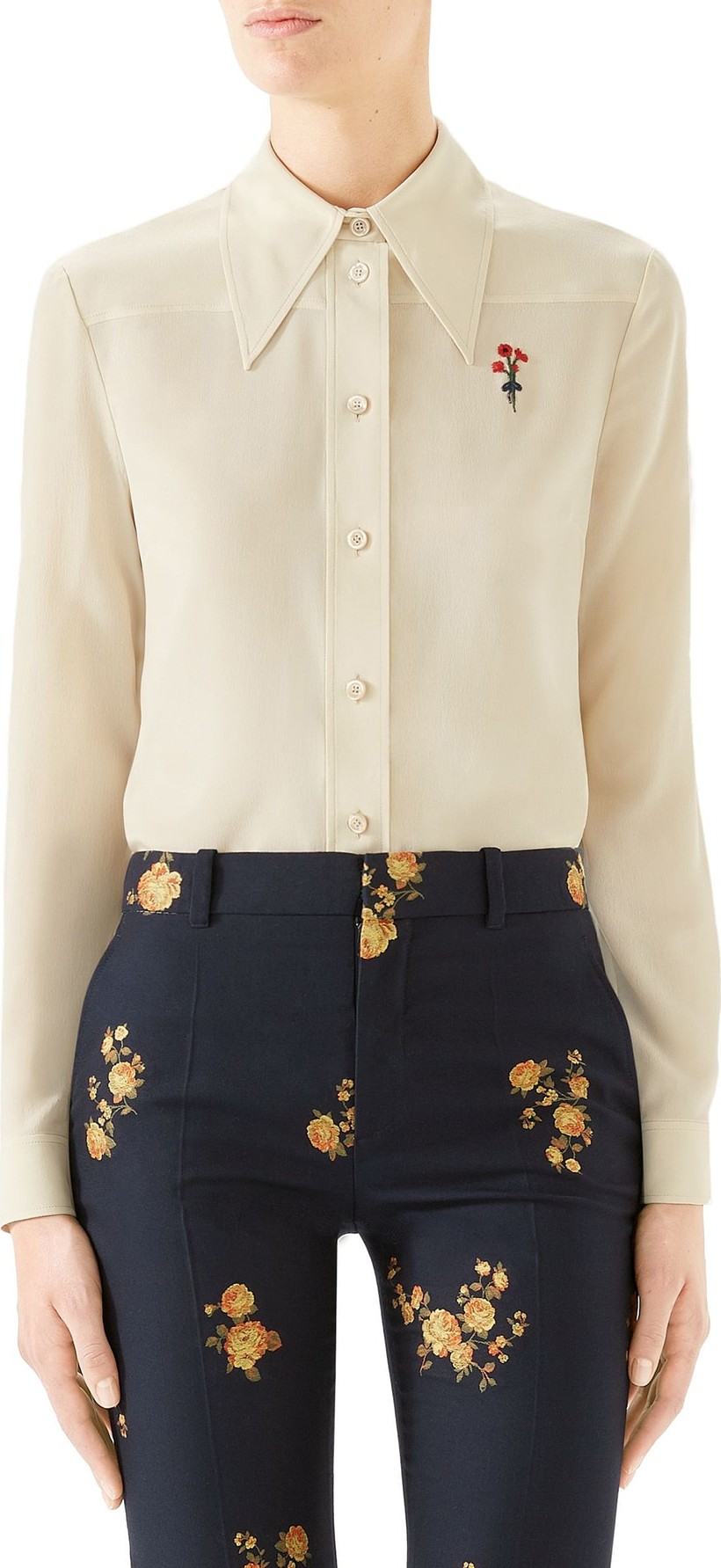 Gucci Floral Embroidered Silk Crêpe de Chine Blouse