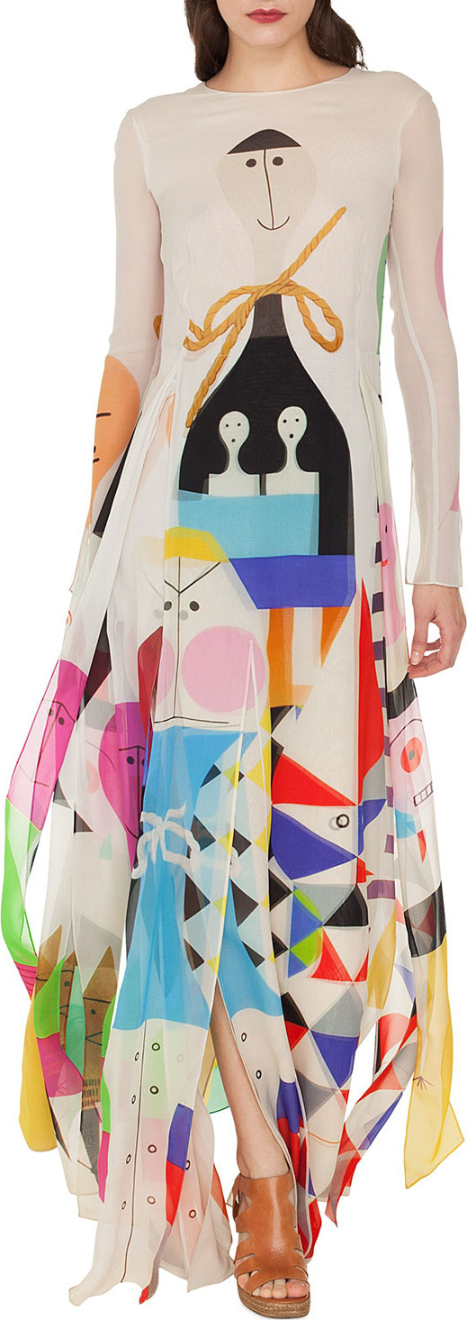 Akris Long-Sleeve Doll-Face Long Silk Dress w/ Car-Wash Hem