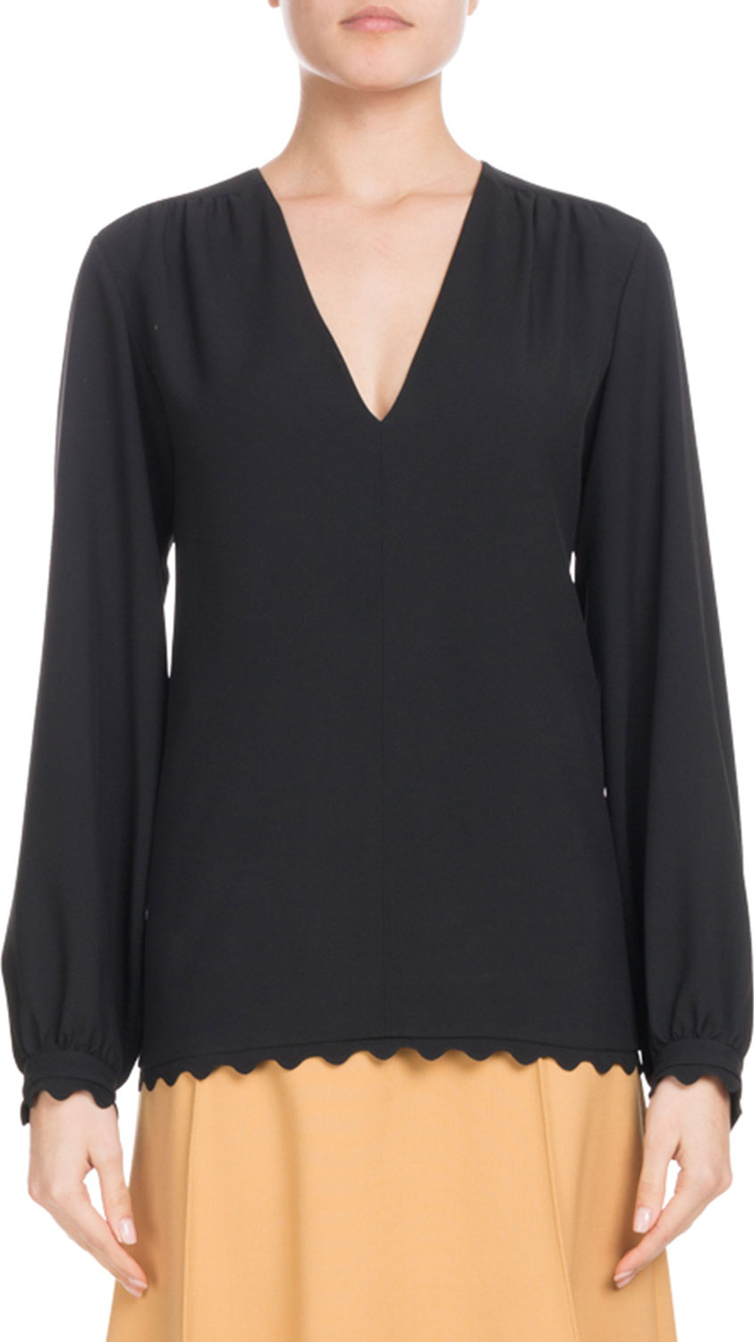 Chloe V-Neck Long-Sleeve Scallop-Hem Light-Cady Blouse